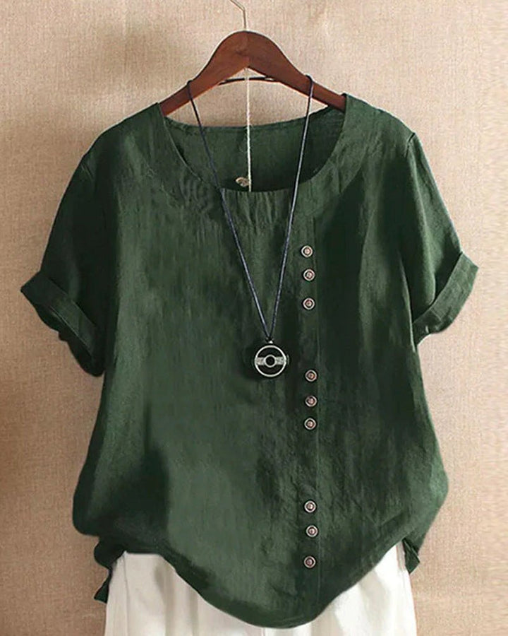Damen Leinen Tunika Kurzarm Rundhals Knopfleiste Locker - Dark Green
