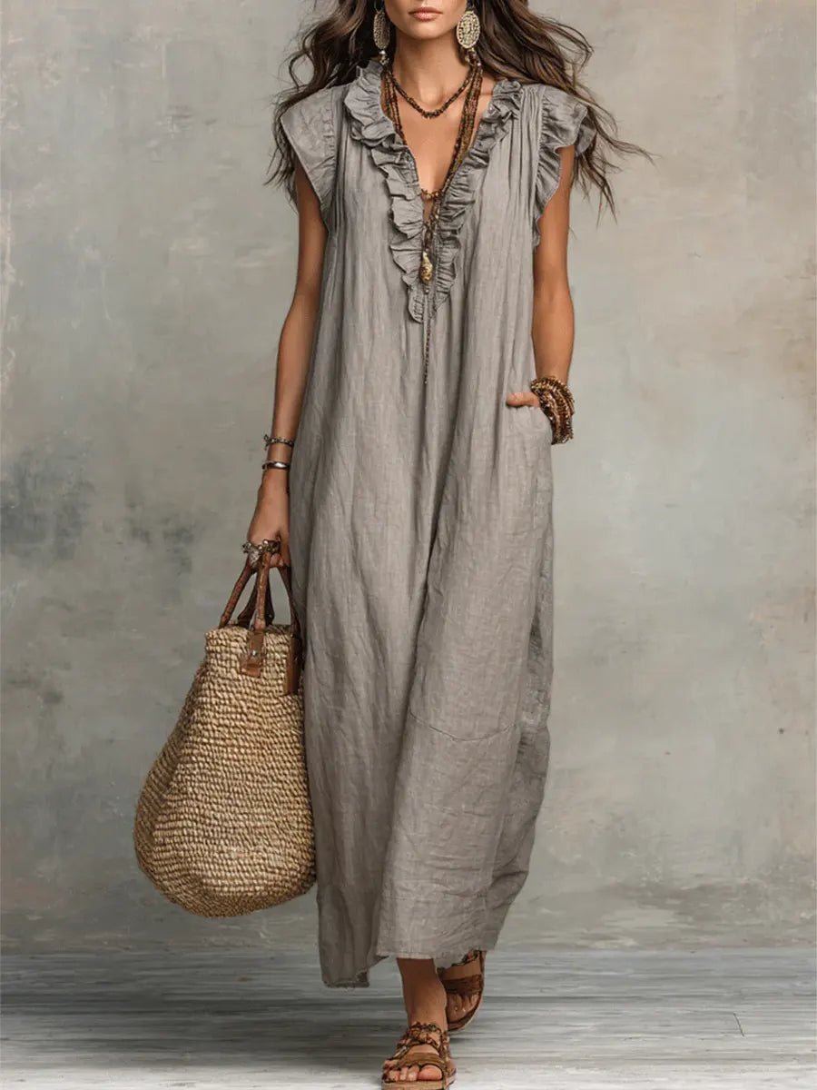 Damen Leinen V-Ausschnitt Rüschen Maxikleid - Gray