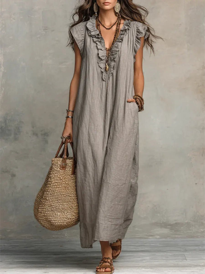 Damen Leinen V-Ausschnitt Rüschen Maxikleid - Gray