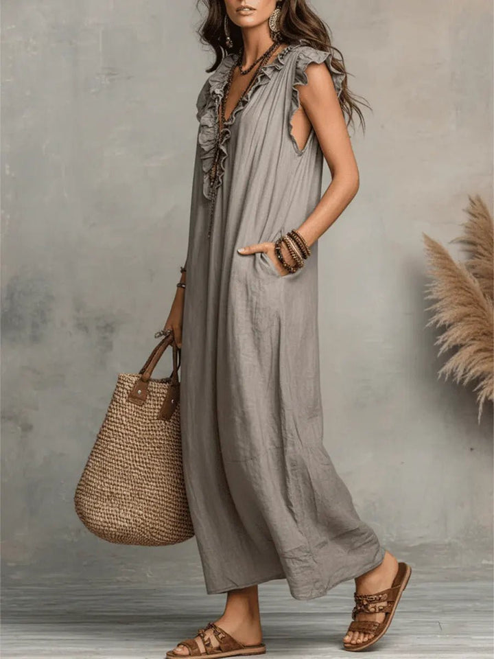 Damen Leinen V-Ausschnitt Rüschen Maxikleid