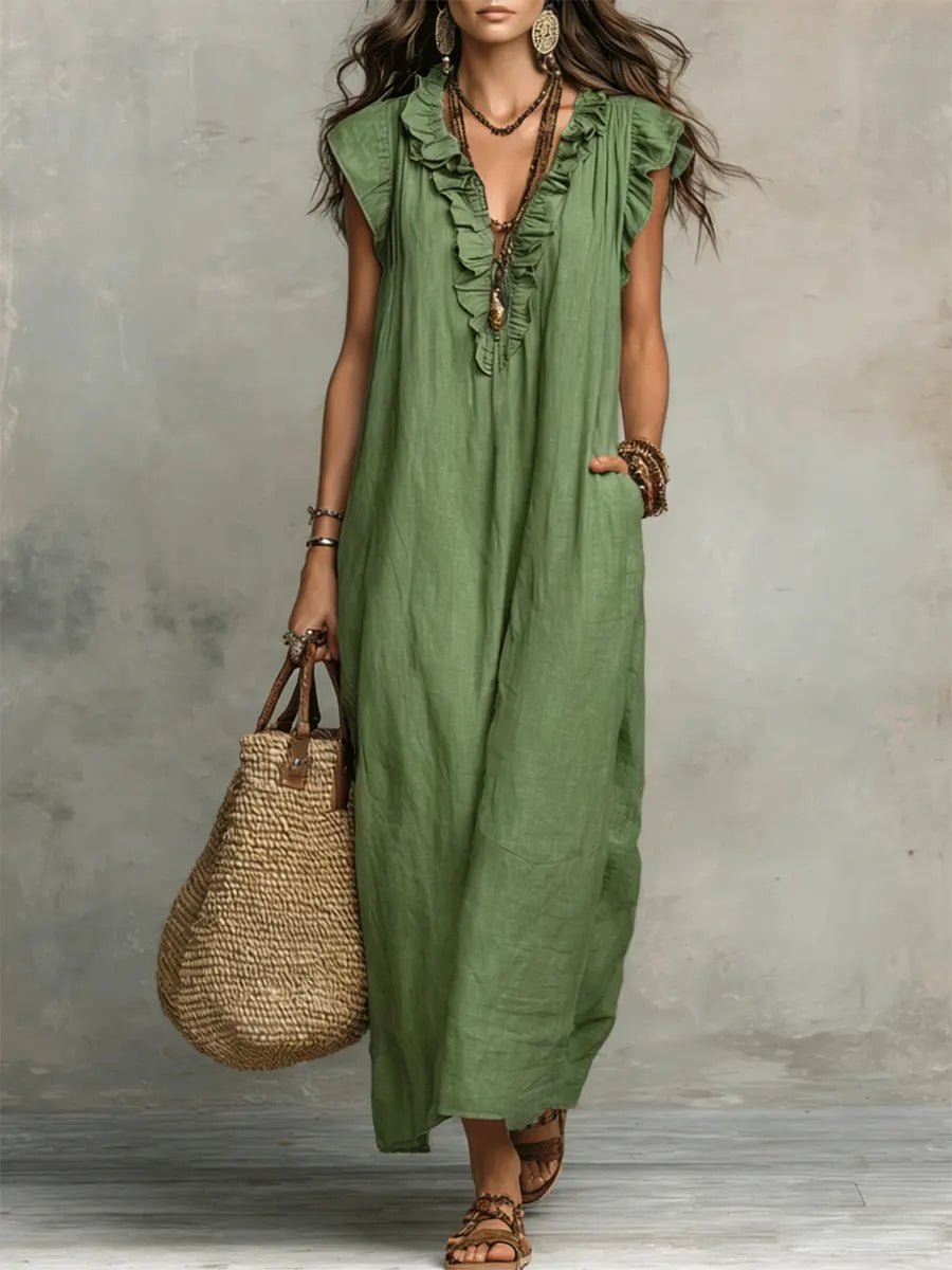 Damen Leinen V-Ausschnitt Rüschen Maxikleid - Green