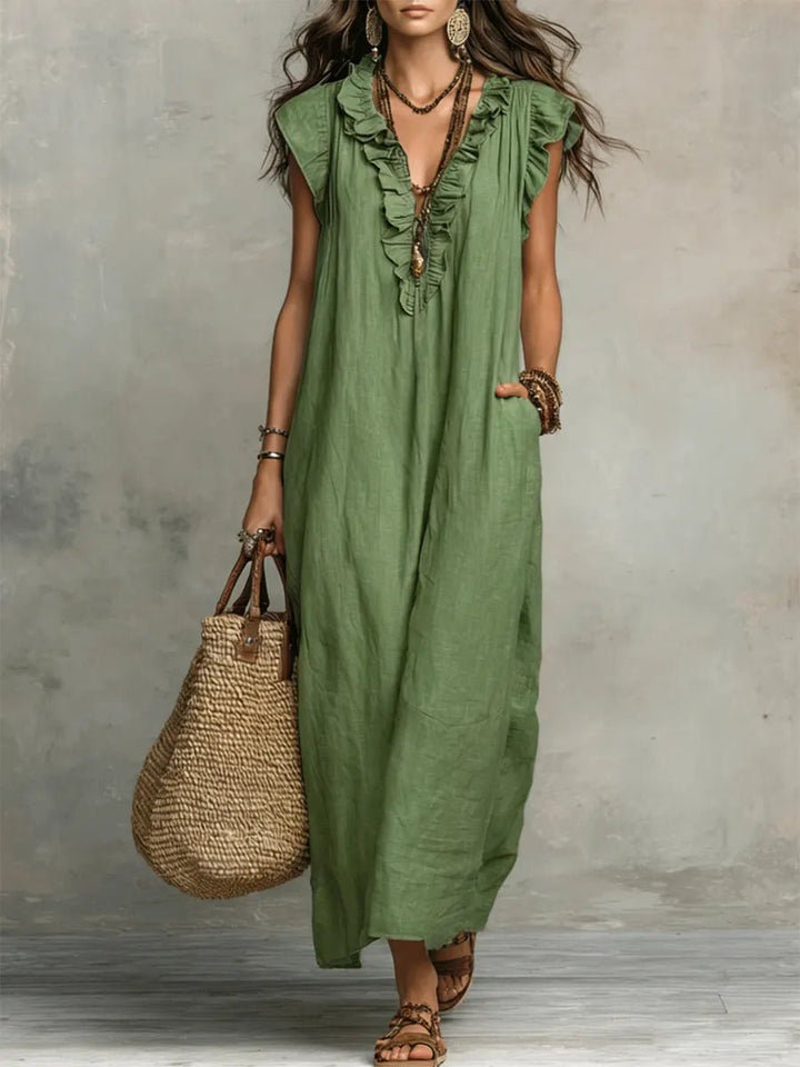 Damen Leinen V-Ausschnitt Rüschen Maxikleid - Green