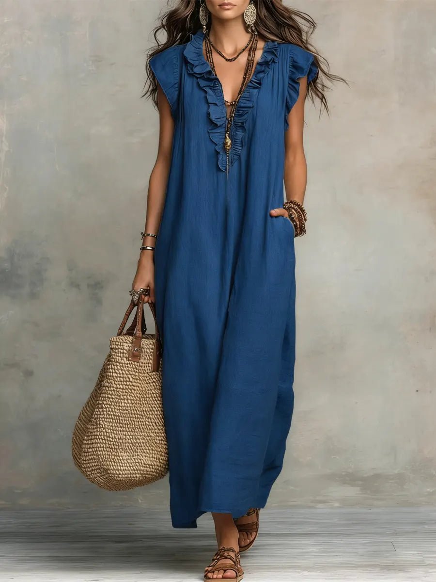 Damen Leinen V-Ausschnitt Rüschen Maxikleid - Blue