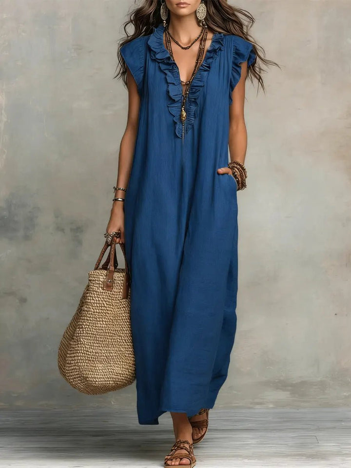 Damen Leinen V-Ausschnitt Rüschen Maxikleid - Blue