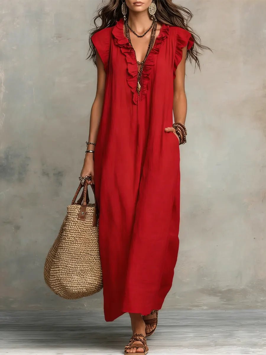 Damen Leinen V-Ausschnitt Rüschen Maxikleid - Red