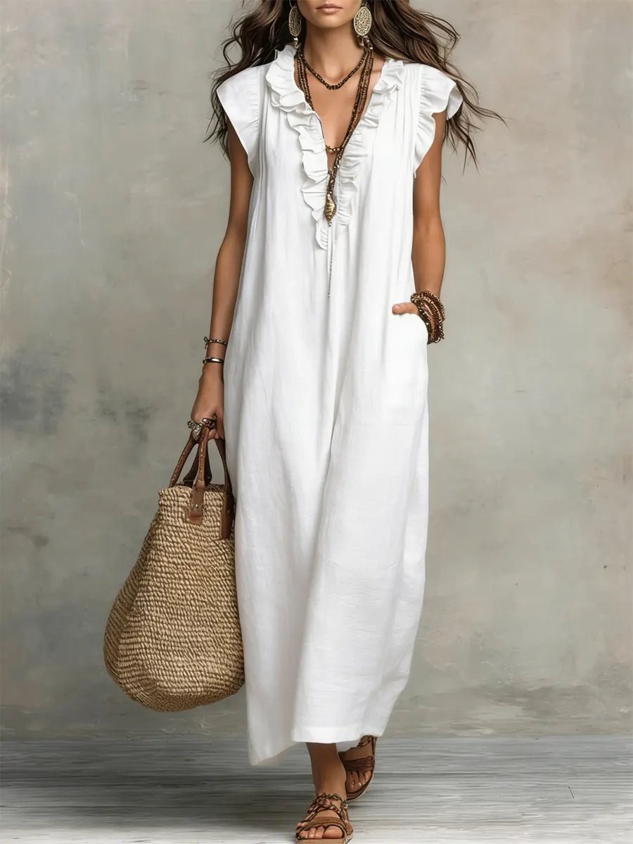 Damen Leinen V-Ausschnitt Rüschen Maxikleid - White