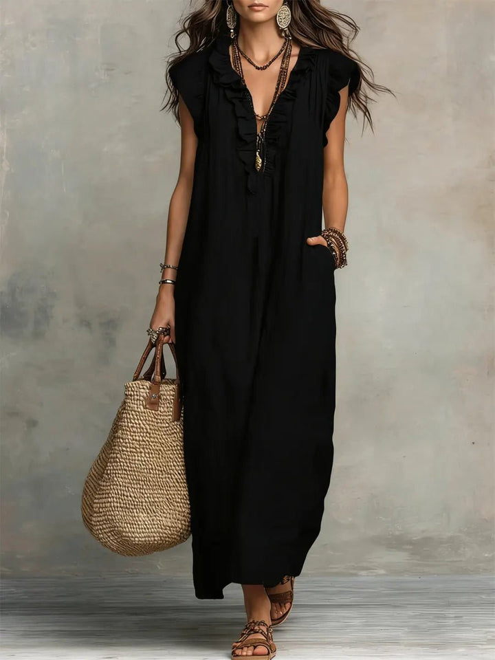 Damen Leinen V-Ausschnitt Rüschen Maxikleid - Black
