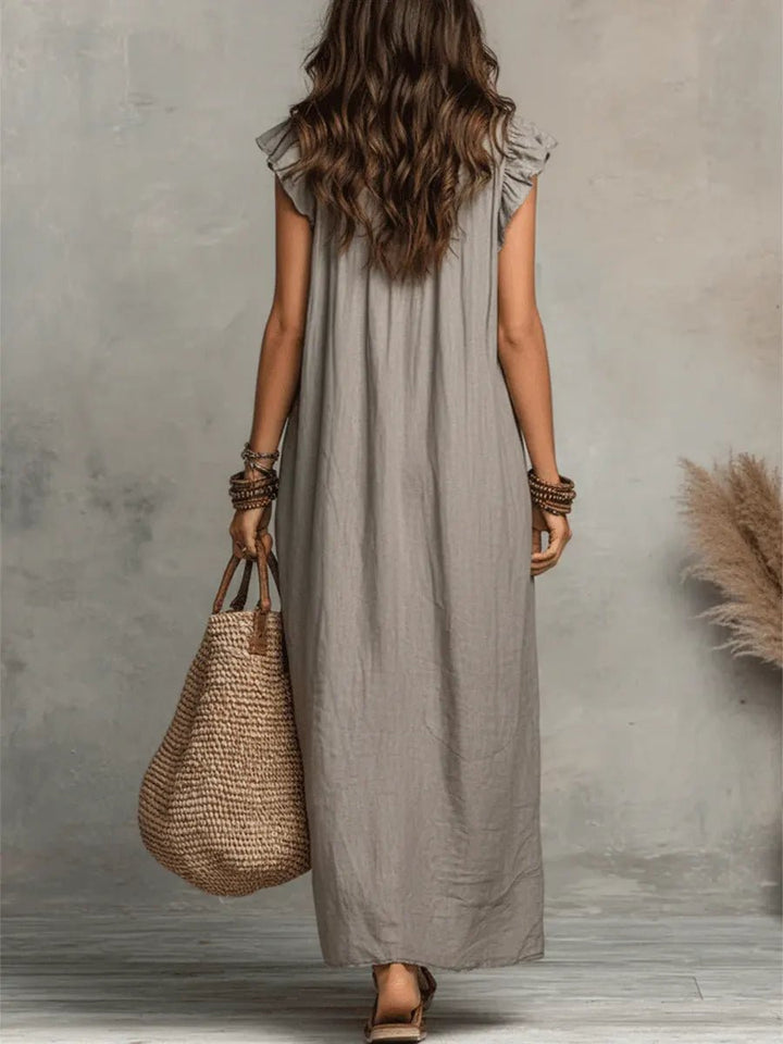 Damen Leinen V-Ausschnitt Rüschen Maxikleid