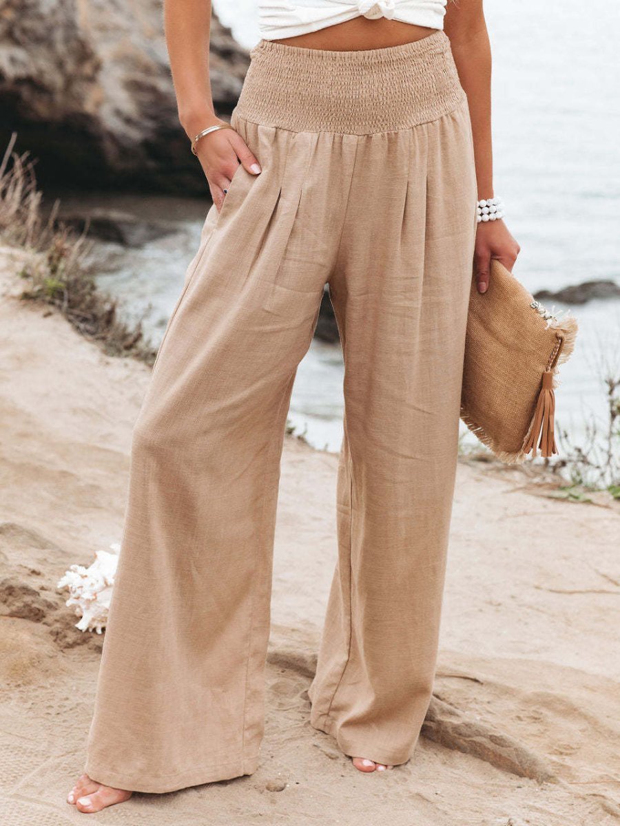 Damen Leinen Wide-Leg Hose mit elastischem Smokbund - Beige