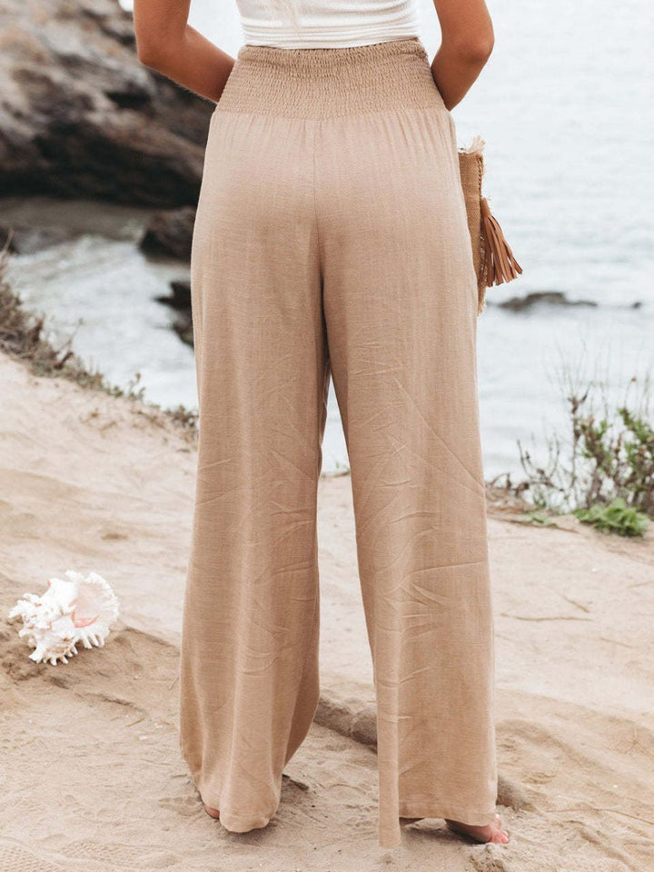 Damen Leinen Wide-Leg Hose mit elastischem Smokbund