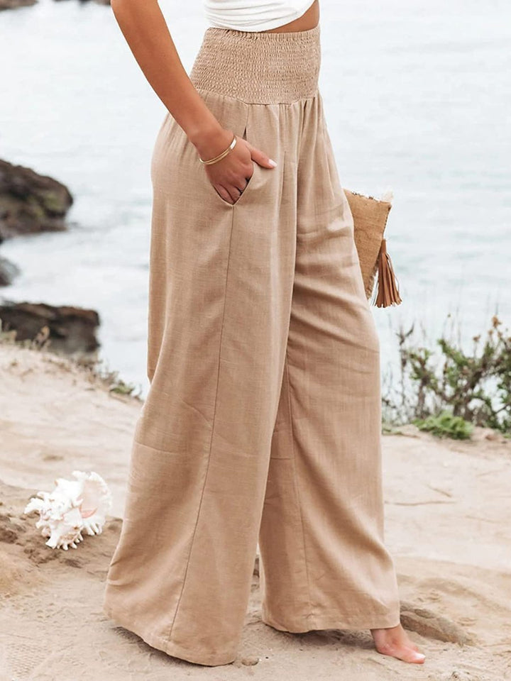 Damen Leinen Wide-Leg Hose mit elastischem Smokbund