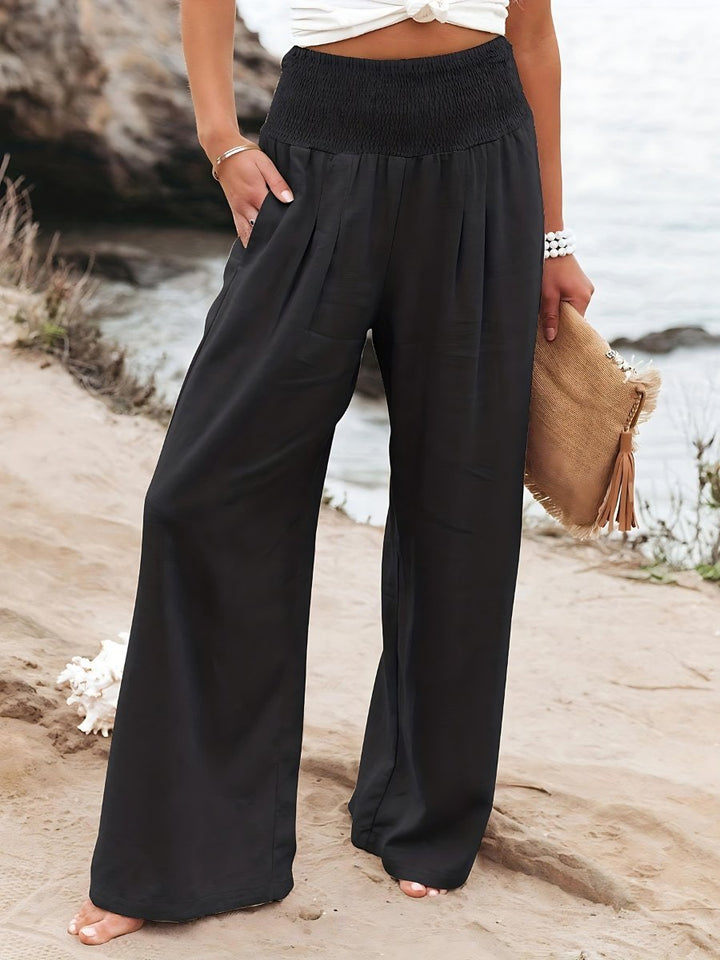 Damen Leinen Wide-Leg Hose mit elastischem Smokbund - Black