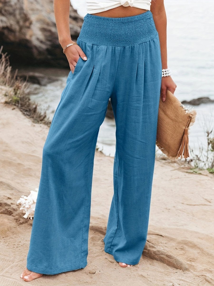 Damen Leinen Wide-Leg Hose mit elastischem Smokbund - Blue