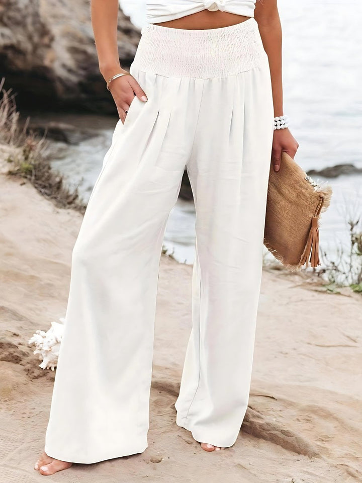 Damen Leinen Wide-Leg Hose mit elastischem Smokbund - White