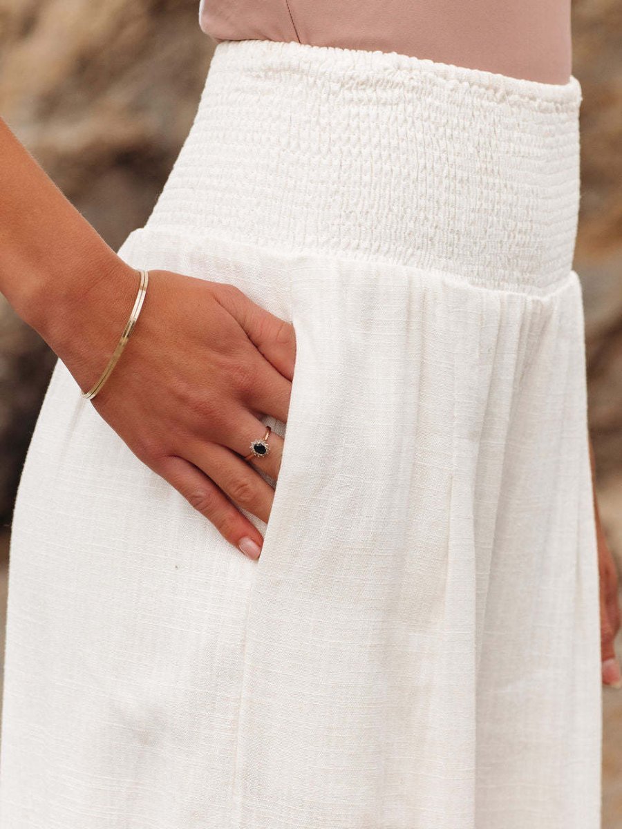 Damen Leinen Wide-Leg Hose mit elastischem Smokbund