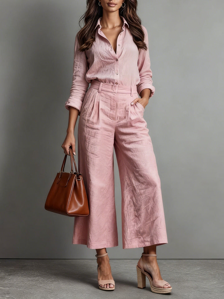 Damen Leinen Zweiteiler mit Weiter Hose und Hemdbluse - Pink