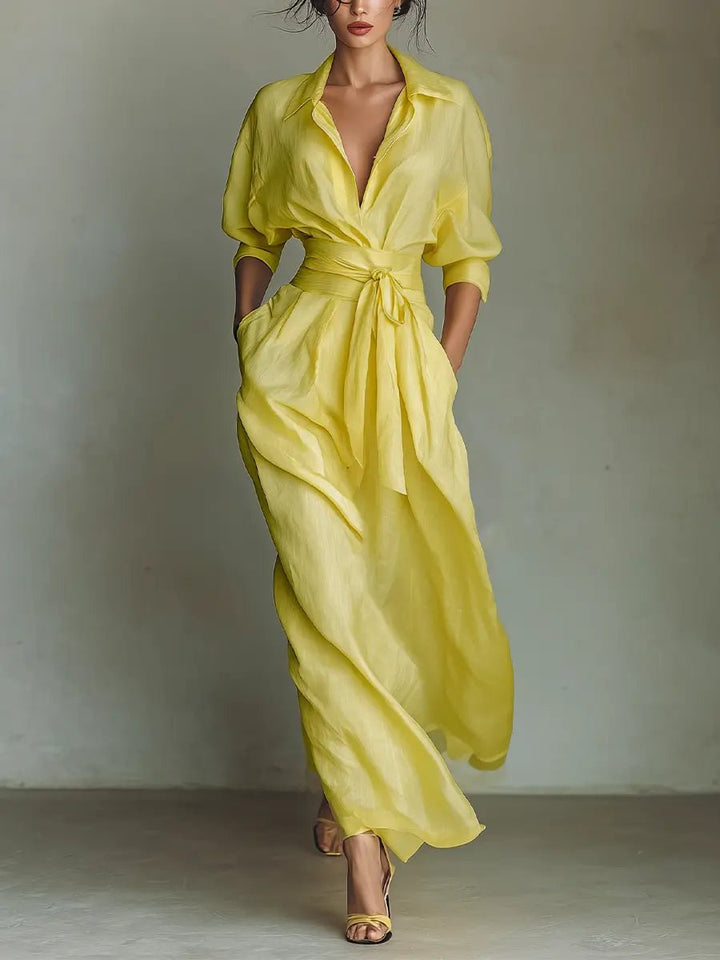 Damen Leinenblend Maxi Hemdblusenkleid V-Ausschnitt - Yellow