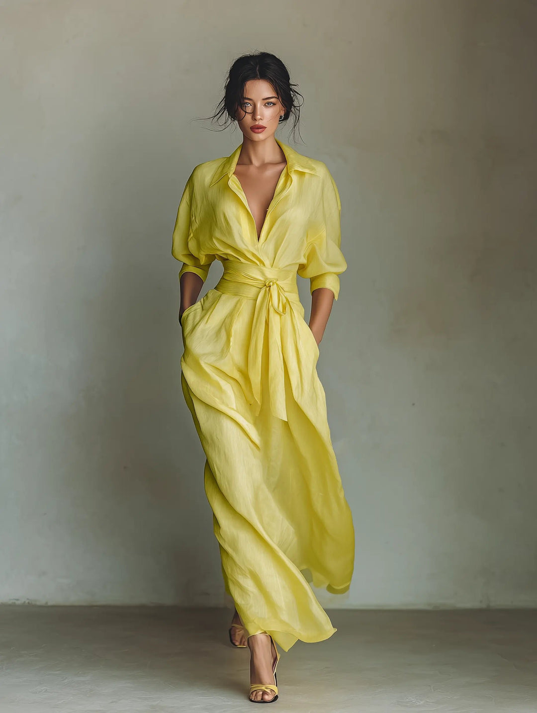 Damen Leinenblend Maxi Hemdblusenkleid V-Ausschnitt