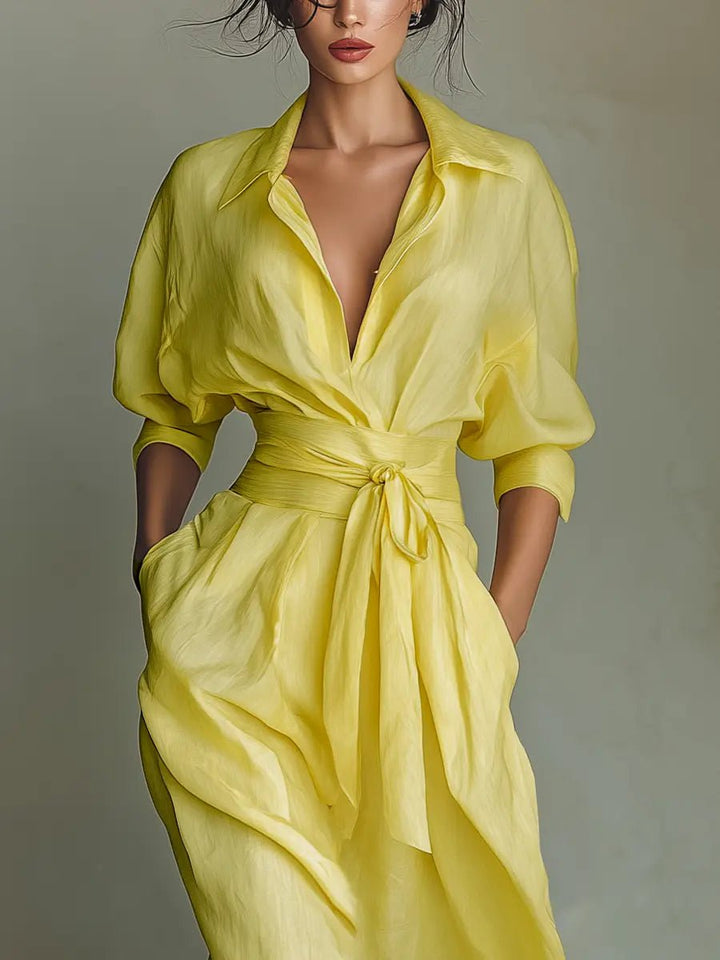 Damen Leinenblend Maxi Hemdblusenkleid V-Ausschnitt