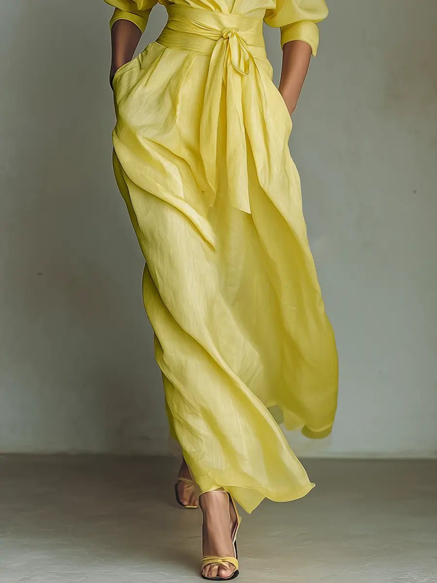 Damen Leinenblend Maxi Hemdblusenkleid V-Ausschnitt