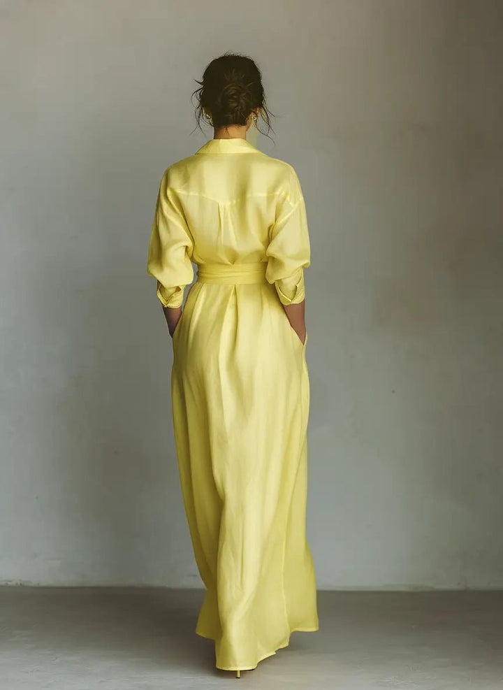 Damen Leinenblend Maxi Hemdblusenkleid V-Ausschnitt