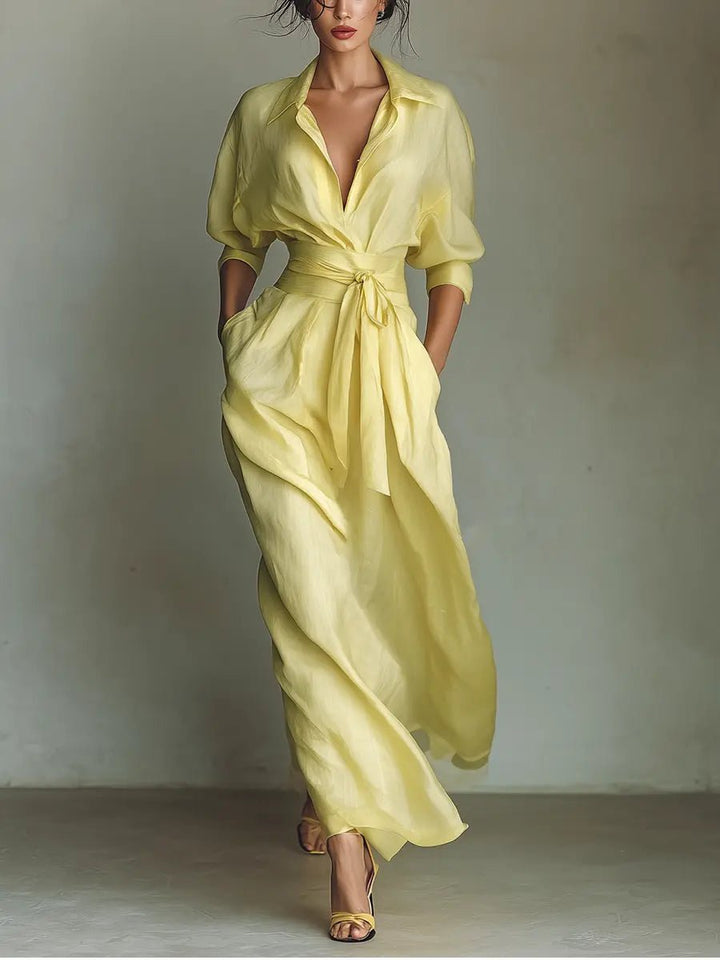 Damen Leinenblend Maxi Hemdblusenkleid V-Ausschnitt