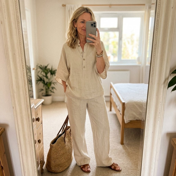 Damen Leinenhose Kimono-Bluse Set mit Stehkragen und weitem Bein