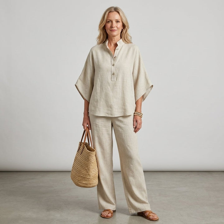 Damen Leinenhose Kimono-Bluse Set mit Stehkragen und weitem Bein