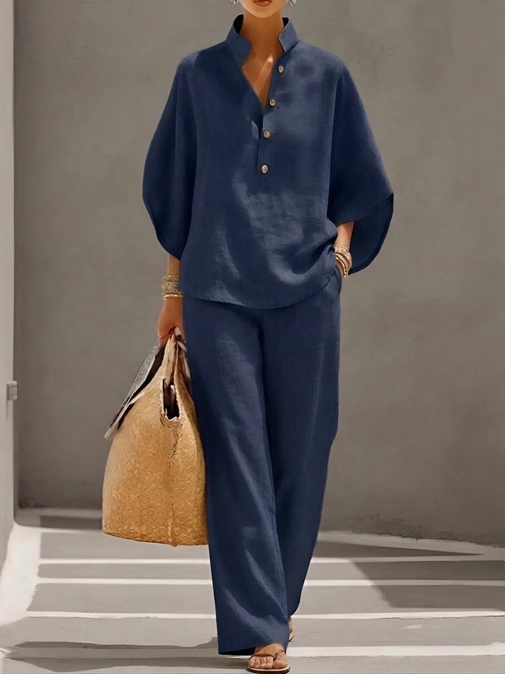 Damen Leinenhose Kimono-Bluse Set mit Stehkragen und weitem Bein - Navy