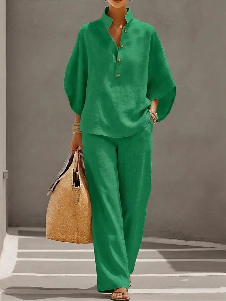 Damen Leinenhose Kimono-Bluse Set mit Stehkragen und weitem Bein - Green