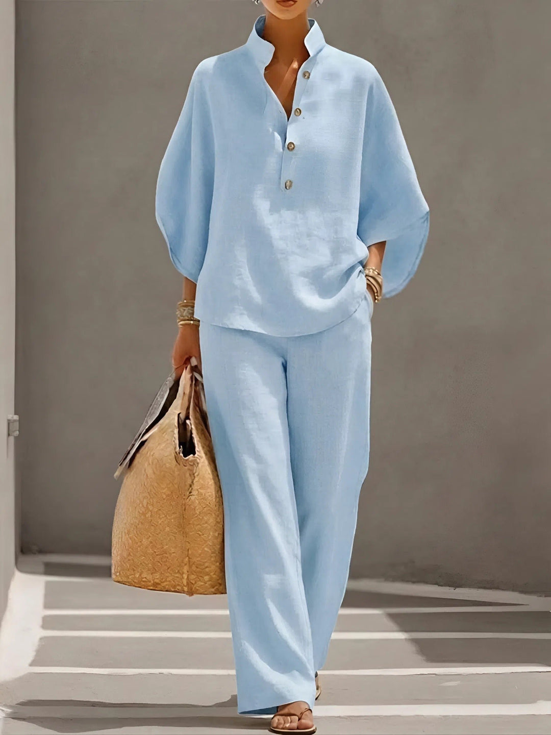 Damen Leinenhose Kimono-Bluse Set mit Stehkragen und weitem Bein - Light BLue