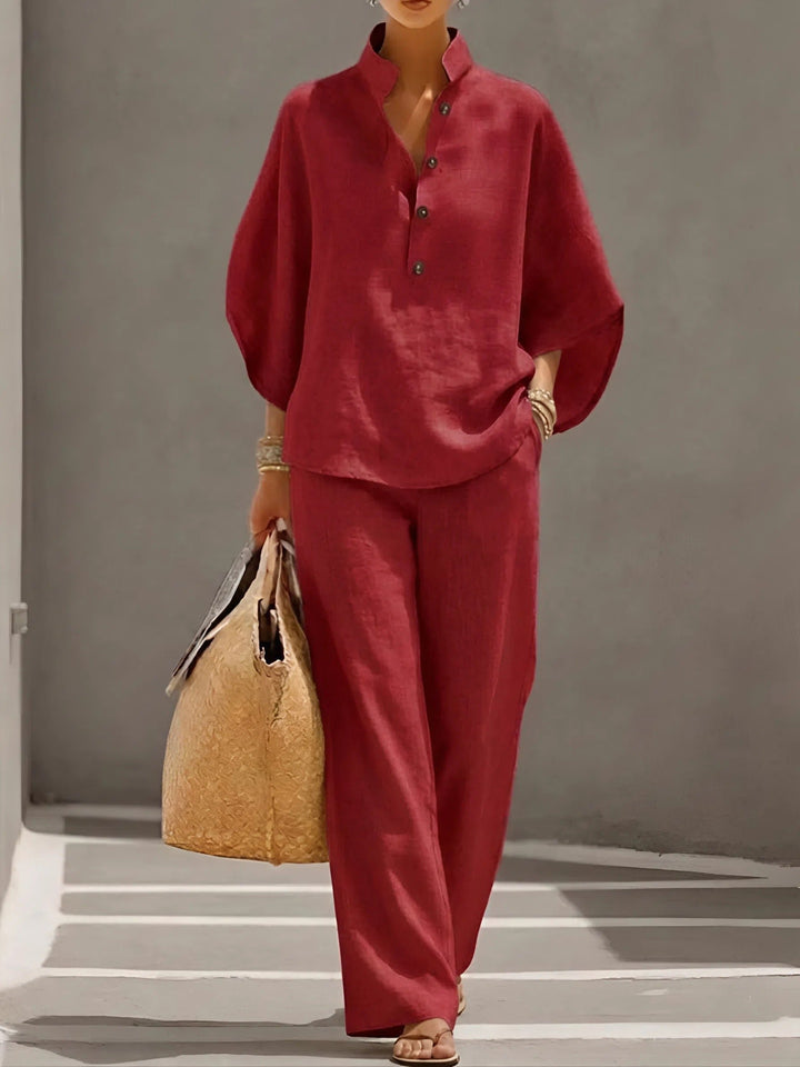 Damen Leinenhose Kimono-Bluse Set mit Stehkragen und weitem Bein - Red