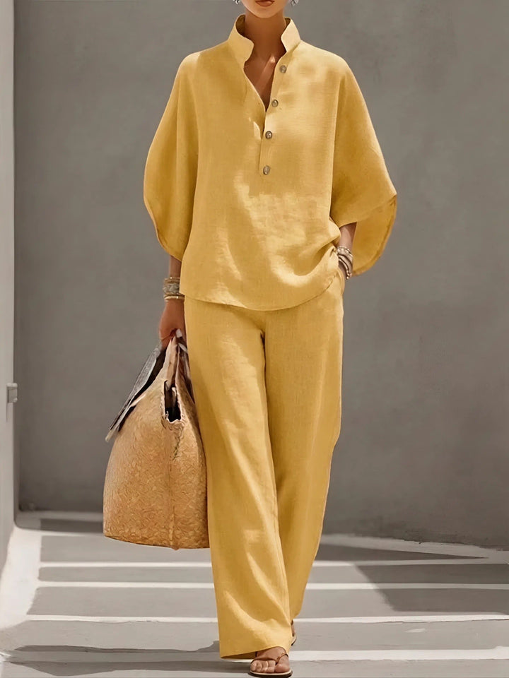 Damen Leinenhose Kimono-Bluse Set mit Stehkragen und weitem Bein - Yellow