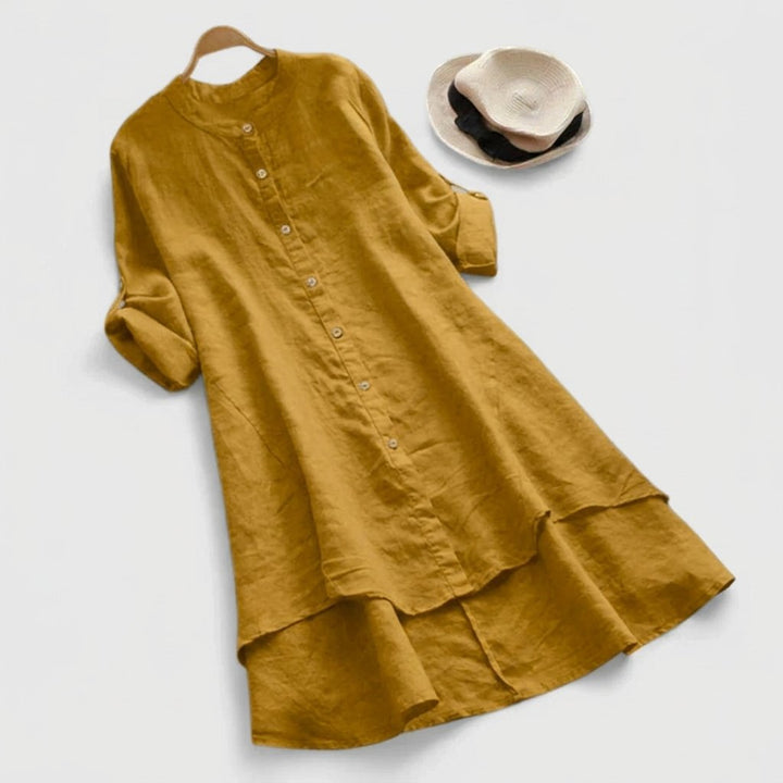 Damen Leinenkleid mit Knopfleiste und asymmetrischem Saum - Mustard