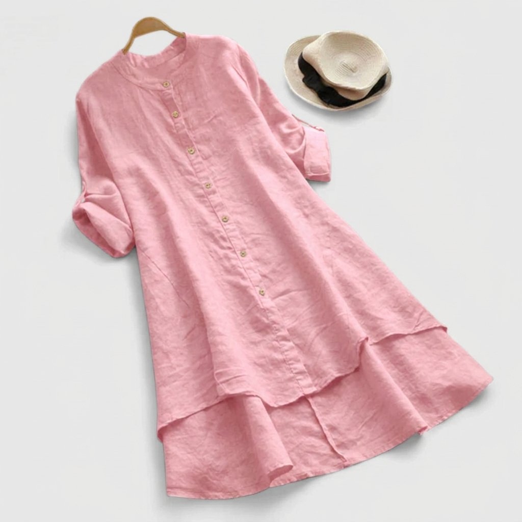 Damen Leinenkleid mit Knopfleiste und asymmetrischem Saum - Pink