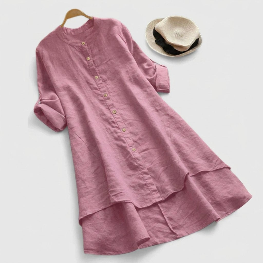 Damen Leinenkleid mit Knopfleiste und asymmetrischem Saum - Light Purple
