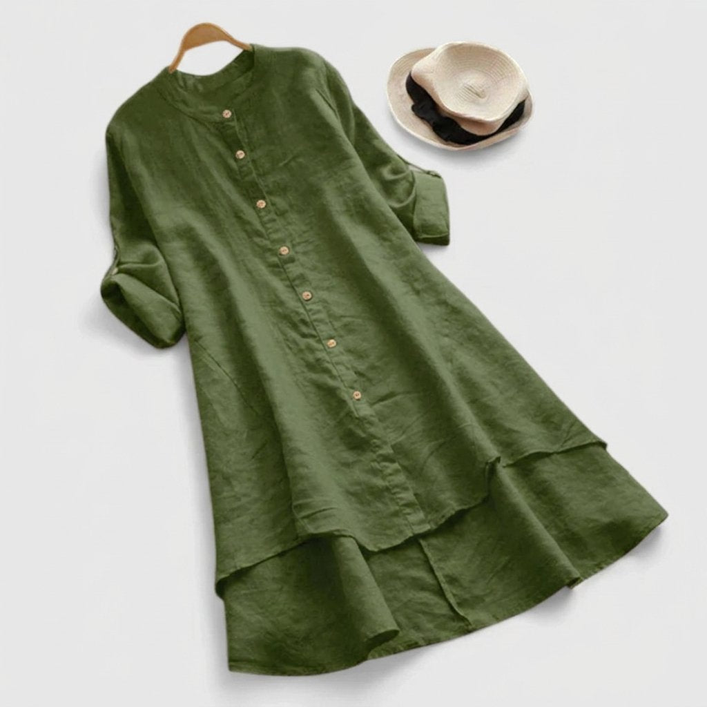 Damen Leinenkleid mit Knopfleiste und asymmetrischem Saum - Army Green