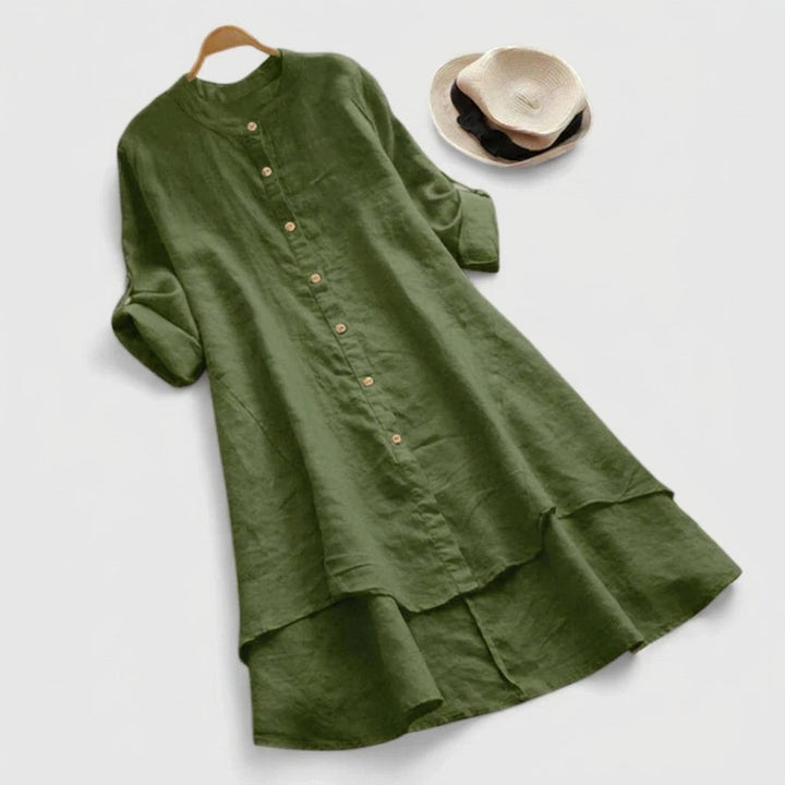 Damen Leinenkleid mit Knopfleiste und asymmetrischem Saum - Army Green