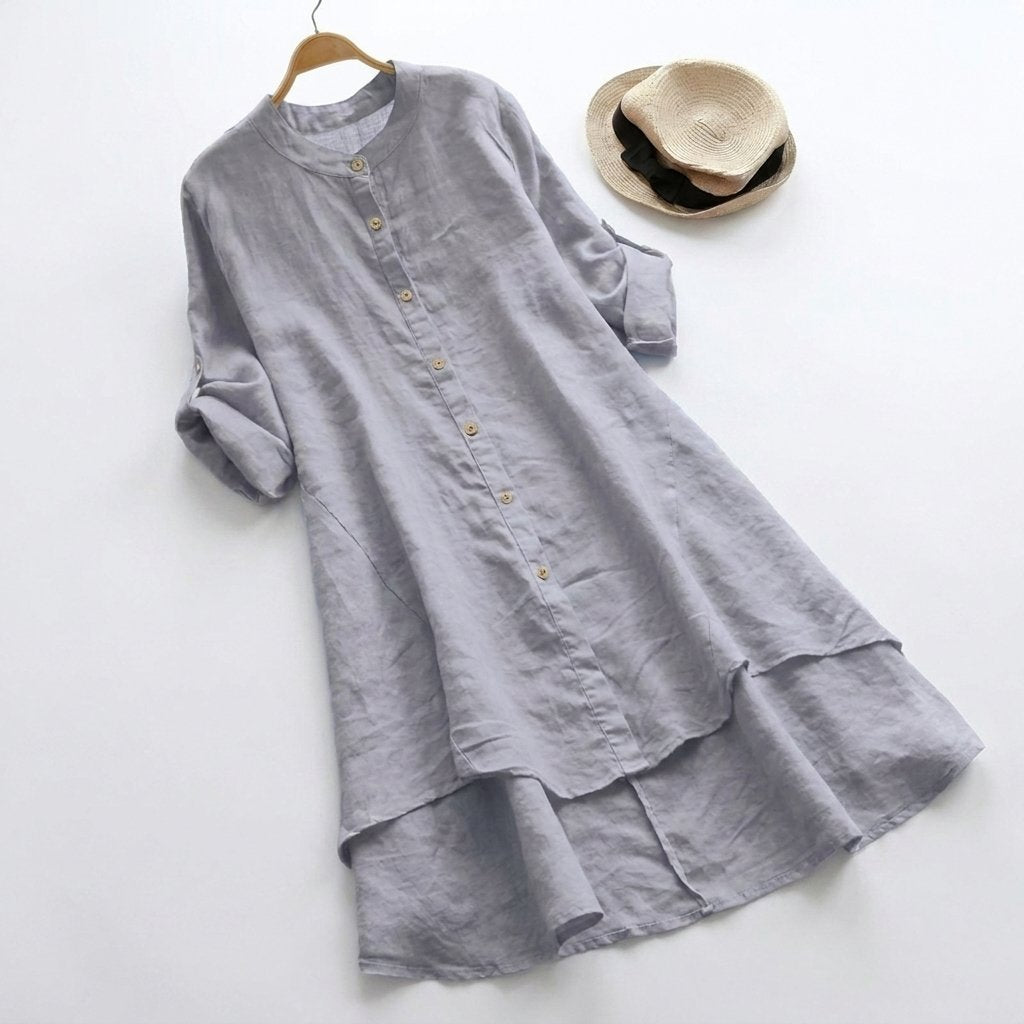 Damen Leinenkleid mit Knopfleiste und asymmetrischem Saum - Light Gray
