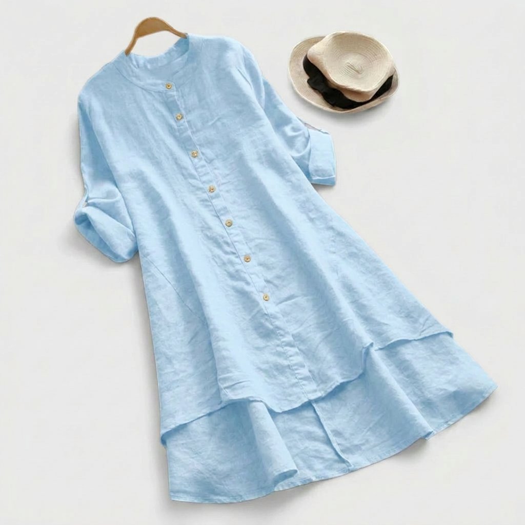 Damen Leinenkleid mit Knopfleiste und asymmetrischem Saum - Light Blue