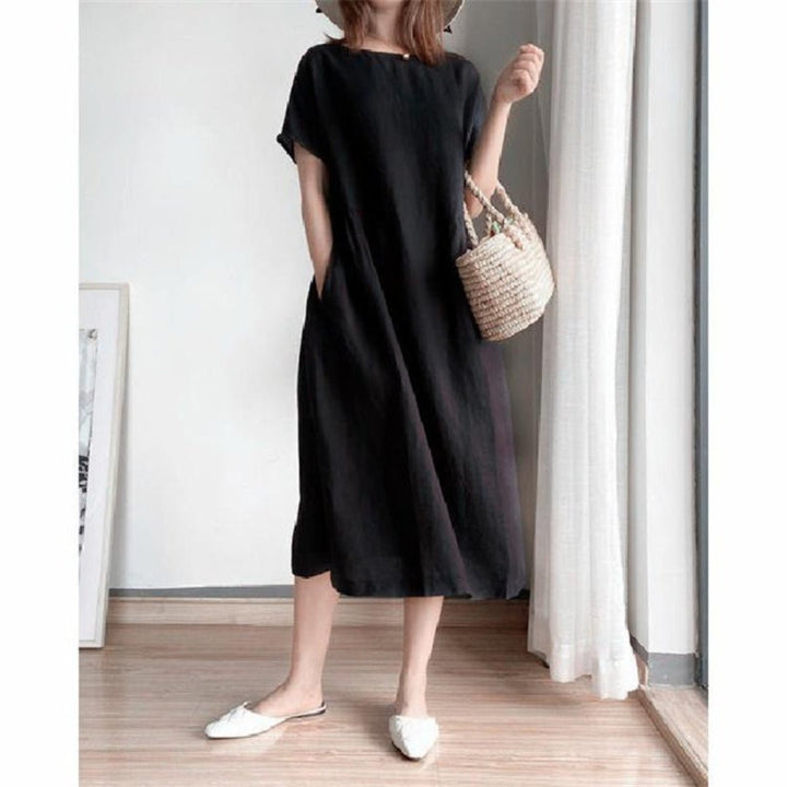 Damen Leinenmidikleid Kurzarm Locker Geschnitten - Black