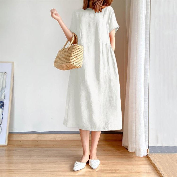 Damen Leinenmidikleid Kurzarm Locker Geschnitten - White