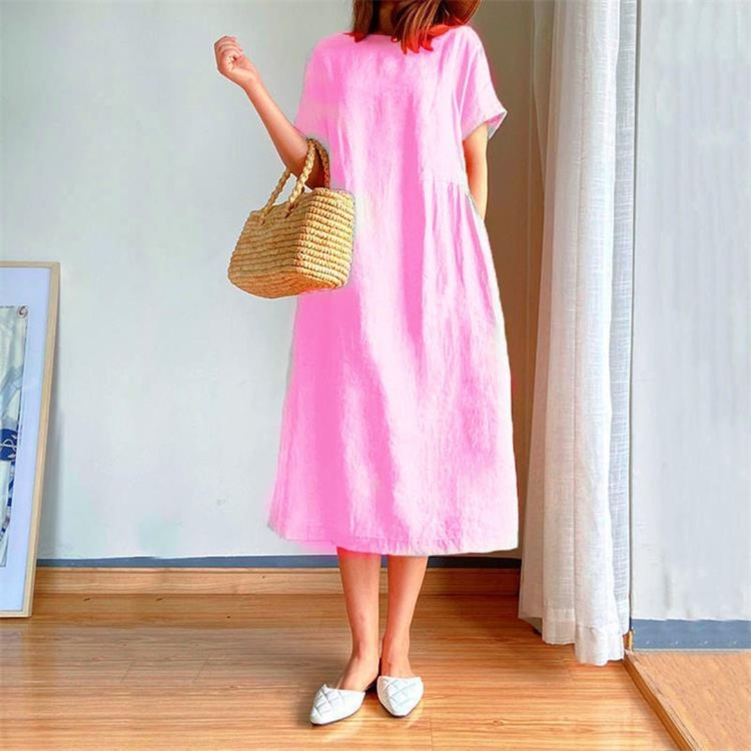 Damen Leinenmidikleid Kurzarm Locker Geschnitten - Pink