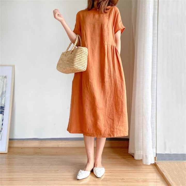 Damen Leinenmidikleid Kurzarm Locker Geschnitten - Orange
