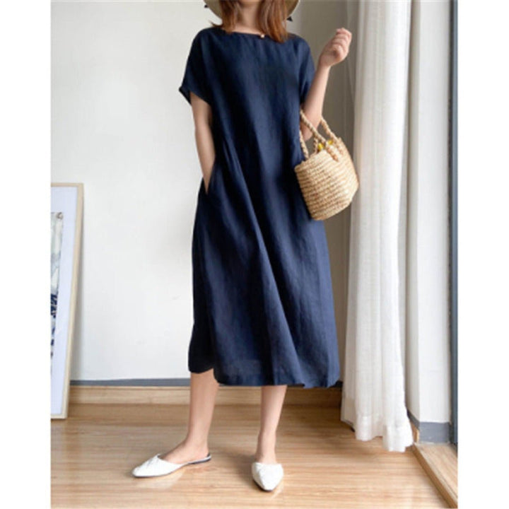 Damen Leinenmidikleid Kurzarm Locker Geschnitten - Dark Blue