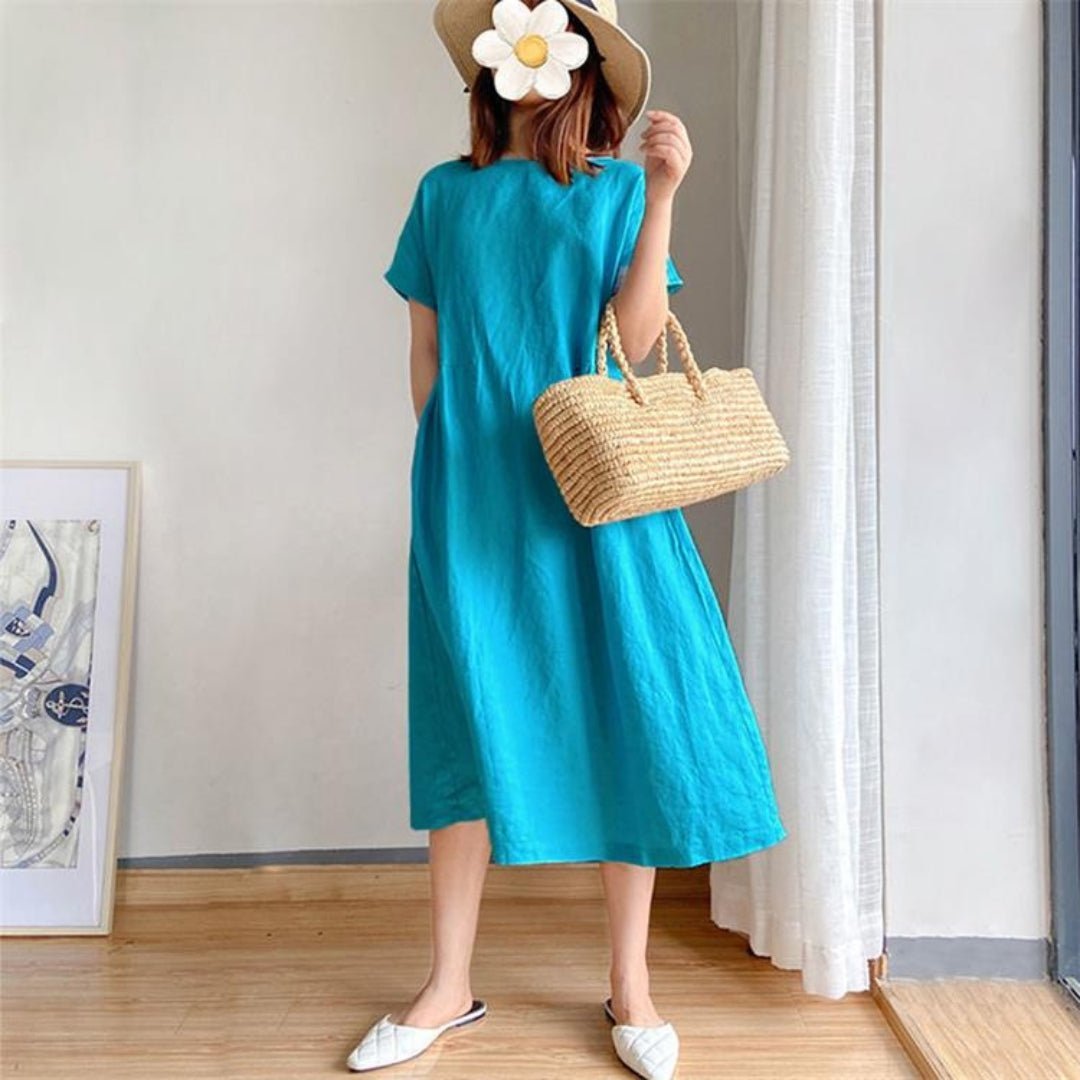 Damen Leinenmidikleid Kurzarm Locker Geschnitten - Turquoise