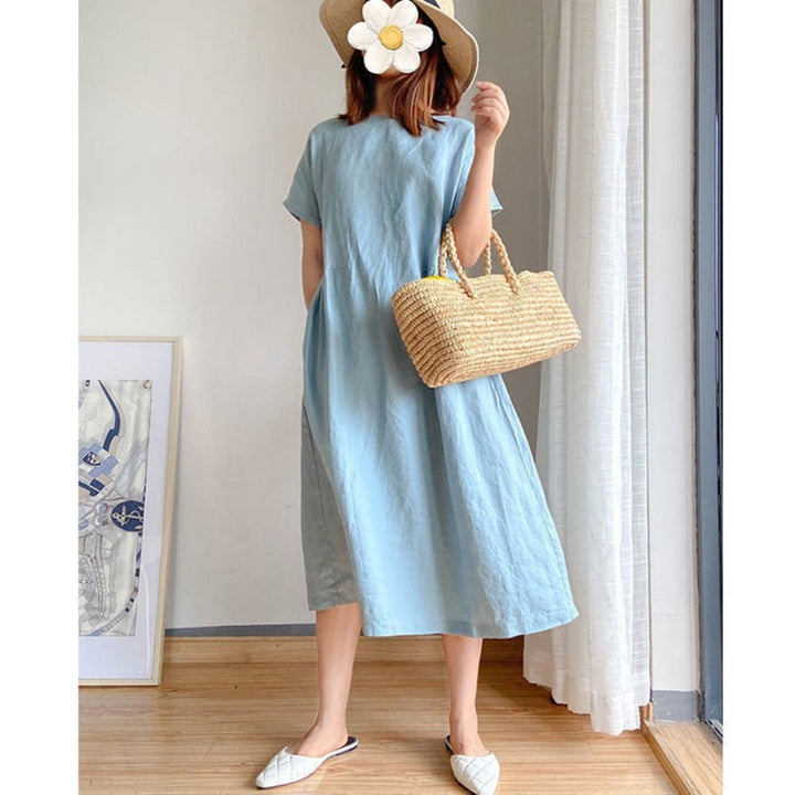 Damen Leinenmidikleid Kurzarm Locker Geschnitten - Light Blue