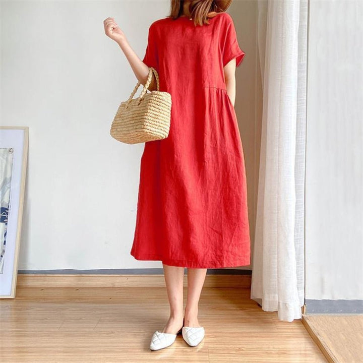 Damen Leinenmidikleid Kurzarm Locker Geschnitten - Red