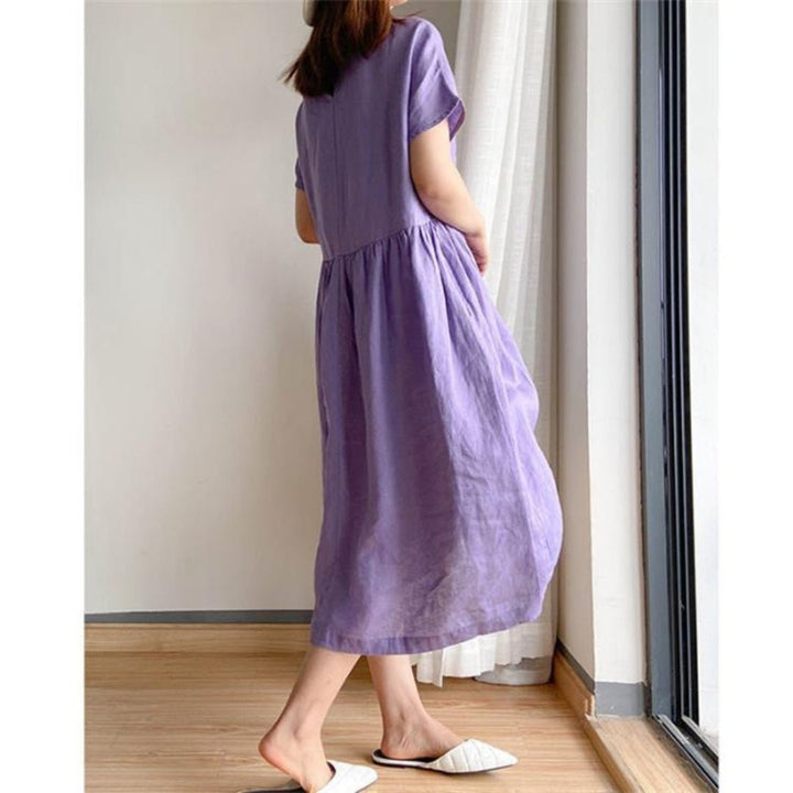 Damen Leinenmidikleid Kurzarm Locker Geschnitten - Purple