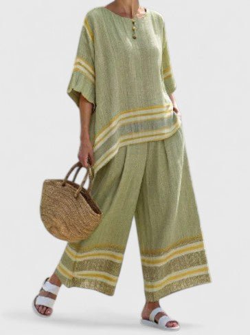 Damen Leinenoptik Oversize Koordiniertes Set Weite Hose - Groen